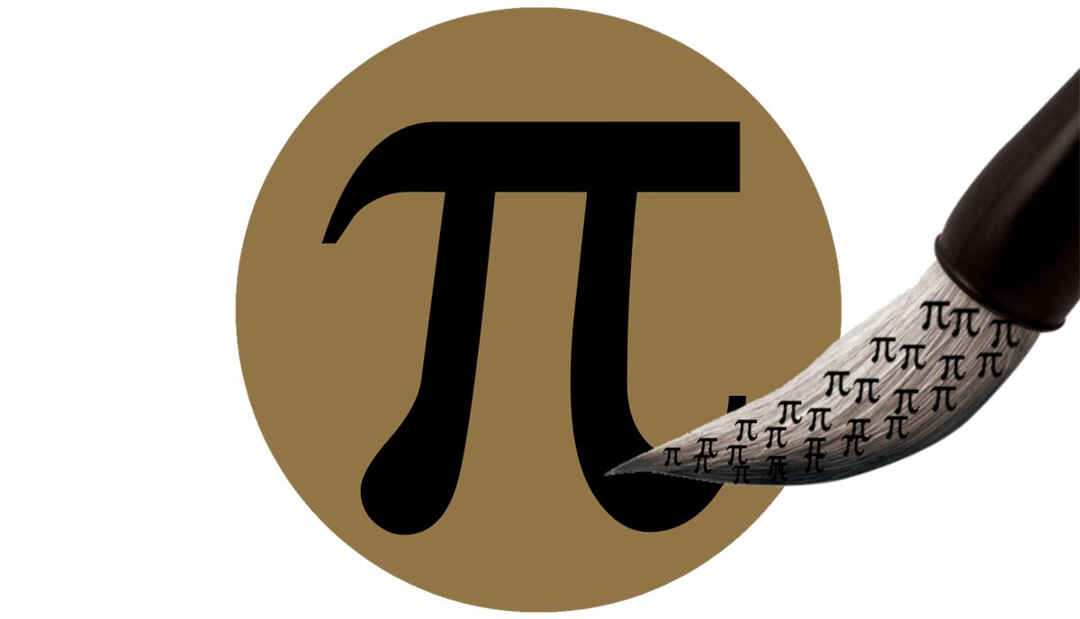 A letra grega π, preta, sobre um círculo dourado, a ser pintada por um pincel cujos pelos são pequenos símbolos π.